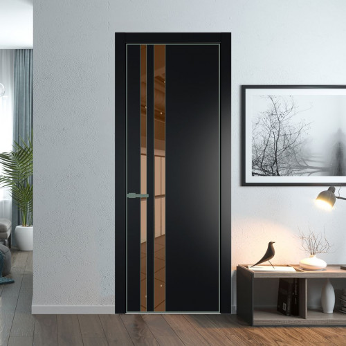 Межкомнатная дверь ProfilDoors 20 PE с вставкой из стекла зеркало bronze Блэк с алюминиевой кромкой Зеленый воск