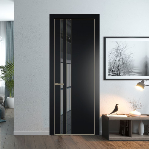 Межкомнатная дверь ProfilDoors 20 PE с вставкой из стекла зеркало grey Блэк с алюминиевой кромкой Шампань