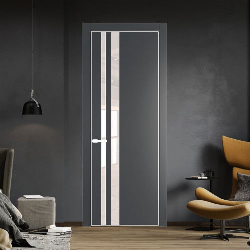 Межкомнатная дверь ProfilDoors 20 PE с вставкой из стекла перламутровый лак Графит с алюминиевой кромкой Вайт