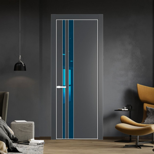 Межкомнатная дверь ProfilDoors 20 PE с вставкой из стекла зеркало blue Графит с алюминиевой кромкой Вайт