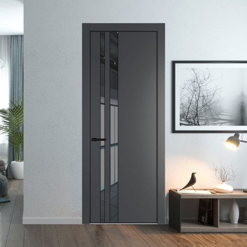 Межкомнатная дверь ProfilDoors 20 PE с вставкой из стекла зеркало grey Графит с алюминиевой кромкой Черный