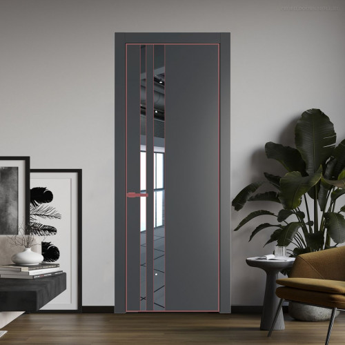 Межкомнатная дверь ProfilDoors 20 PE с вставкой из стекла зеркало Графит с алюминиевой кромкой Красный антрацит