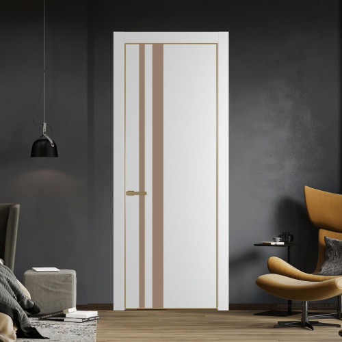 Межкомнатная дверь ProfilDoors 20 PE с вставкой из стекла монохром капучино Крем Вайт с алюминиевой кромкой Золото
