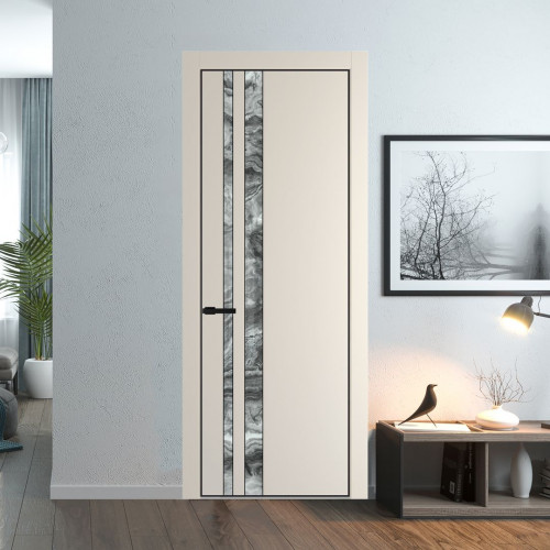 Межкомнатная дверь ProfilDoors 20 PE с вставкой из стекла атриум серебро Кремовая Магнолия с алюминиевой кромкой Черный
