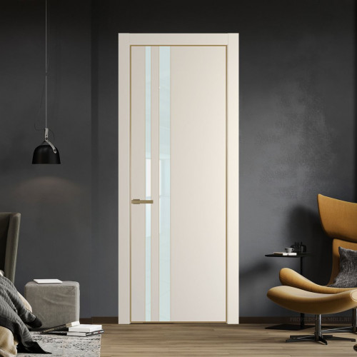 Межкомнатная дверь ProfilDoors 20 PE с вставкой из стекла белый лак Кремовая Магнолия с алюминиевой кромкой Золото