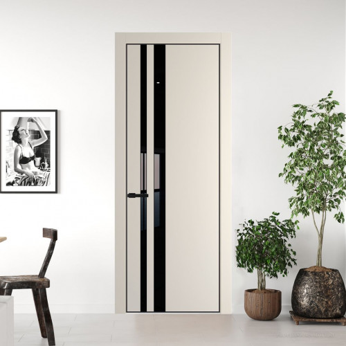 Межкомнатная дверь ProfilDoors 20 PE с вставкой из стекла черный лак Кремовая Магнолия с алюминиевой кромкой Черный