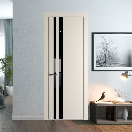 Межкомнатная дверь ProfilDoors 20 PE с вставкой из стекла черный лак Кремовая Магнолия с алюминиевой кромкой Серая Ночь
