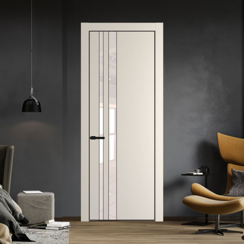 Межкомнатная дверь ProfilDoors 20 PE с вставкой из стекла перламутровый лак Кремовая Магнолия с алюминиевой кромкой Черный