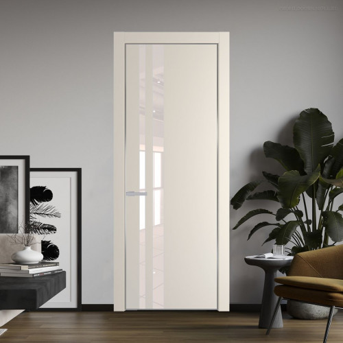 Межкомнатная дверь ProfilDoors 20 PE с вставкой из стекла перламутровый лак Кремовая Магнолия с алюминиевой кромкой Серебро