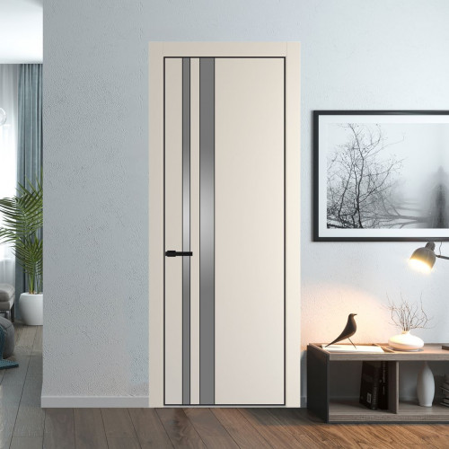 Межкомнатная дверь ProfilDoors 20 PE с вставкой из стекла серебро матлак Кремовая Магнолия с алюминиевой кромкой Черный