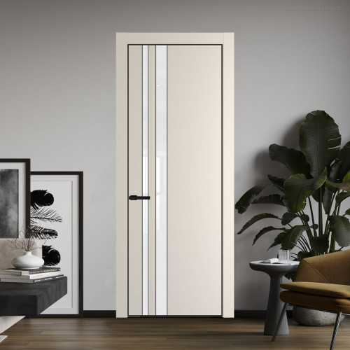 Межкомнатная дверь ProfilDoors 20 PE с вставкой из стекла лак классик Кремовая Магнолия с алюминиевой кромкой Черный