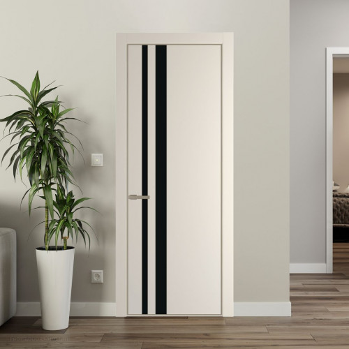 Межкомнатная дверь ProfilDoors 20 PE с вставкой из стекла монохром черный Кремовая Магнолия с алюминиевой кромкой Никель