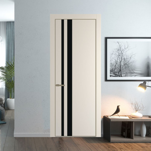 Межкомнатная дверь ProfilDoors 20 PE с вставкой из стекла монохром черный Кремовая Магнолия с алюминиевой кромкой Шампань