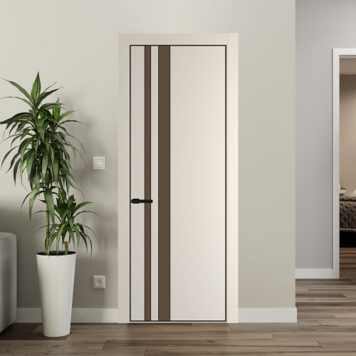 Межкомнатная дверь ProfilDoors 20 PE с вставкой из стекла монохром гляссе Кремовая Магнолия с алюминиевой кромкой Черный