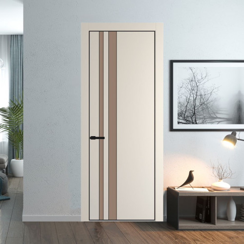 Межкомнатная дверь ProfilDoors 20 PE с вставкой из стекла монохром капучино Кремовая Магнолия с алюминиевой кромкой Черный