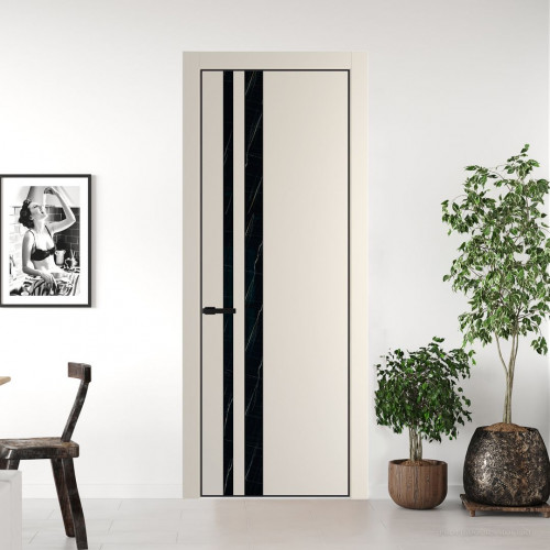 Межкомнатная дверь ProfilDoors 20 PE с вставкой из стекла неро мрамор Кремовая Магнолия с алюминиевой кромкой Черный