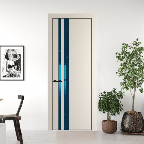 Межкомнатная дверь ProfilDoors 20 PE с вставкой из стекла зеркало blue Кремовая Магнолия с алюминиевой кромкой Черный
