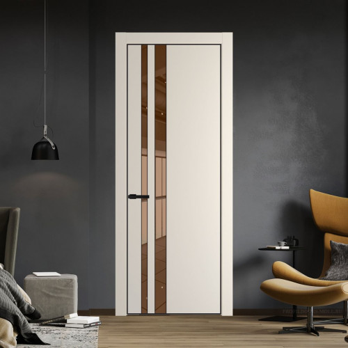 Межкомнатная дверь ProfilDoors 20 PE с вставкой из стекла зеркало bronze Кремовая Магнолия с алюминиевой кромкой Черный