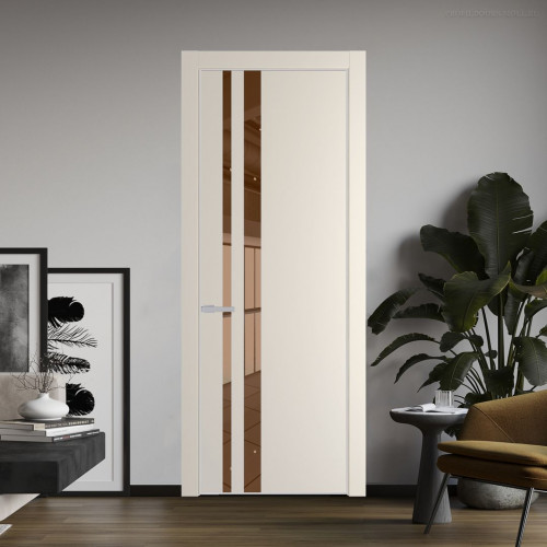 Межкомнатная дверь ProfilDoors 20 PE с вставкой из стекла зеркало bronze Кремовая Магнолия с алюминиевой кромкой Матовая