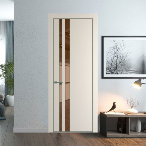 Межкомнатная дверь ProfilDoors 20 PE с вставкой из стекла зеркало bronze Кремовая Магнолия с алюминиевой кромкой Зеленый воск