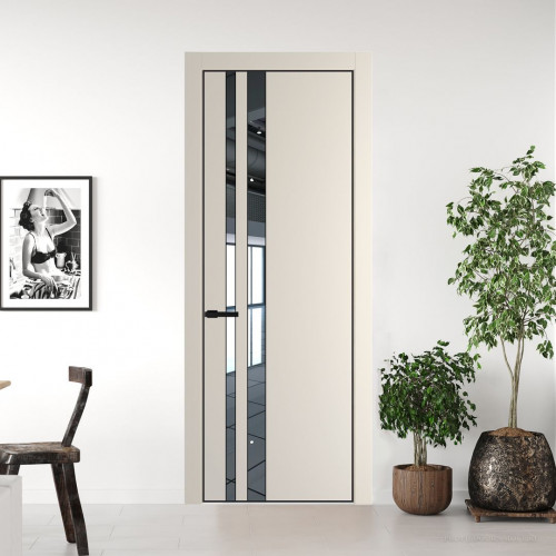 Межкомнатная дверь ProfilDoors 20 PE с вставкой из стекла зеркало Кремовая Магнолия с алюминиевой кромкой Черный