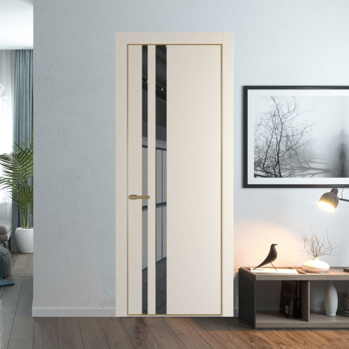 Межкомнатная дверь ProfilDoors 20 PE с вставкой из стекла зеркало grey Кремовая Магнолия с алюминиевой кромкой Золото