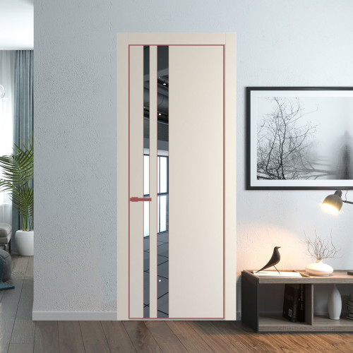 Межкомнатная дверь ProfilDoors 20 PE с вставкой из стекла зеркало Кремовая Магнолия с алюминиевой кромкой Красный антрацит