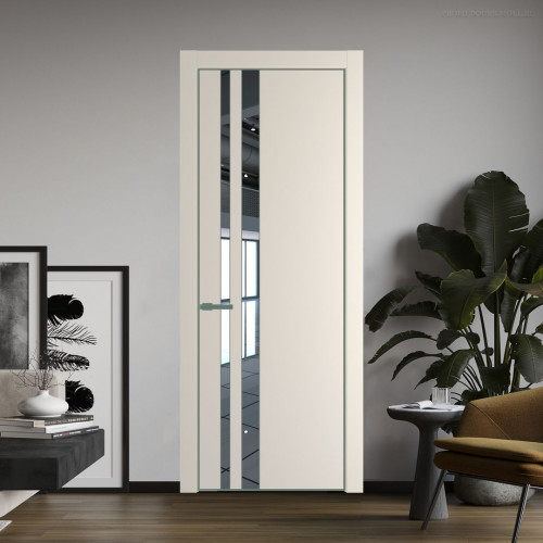 Межкомнатная дверь ProfilDoors 20 PE с вставкой из стекла зеркало Кремовая Магнолия с алюминиевой кромкой Зеленый воск