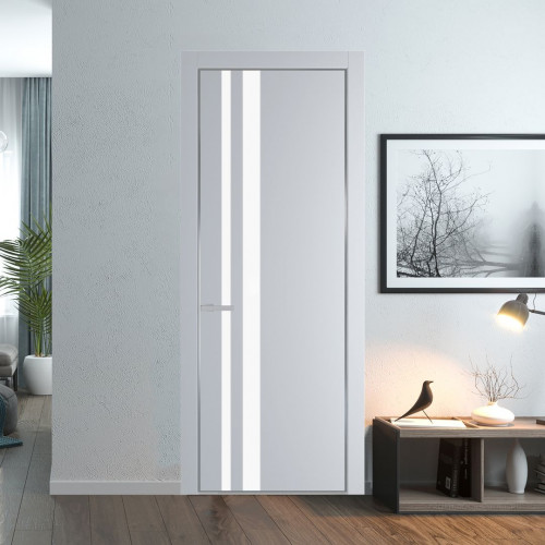 Межкомнатная дверь ProfilDoors 20 PE с вставкой из стекла монохром белый просветленный Лайт Грей с алюминиевой кромкой Серебро