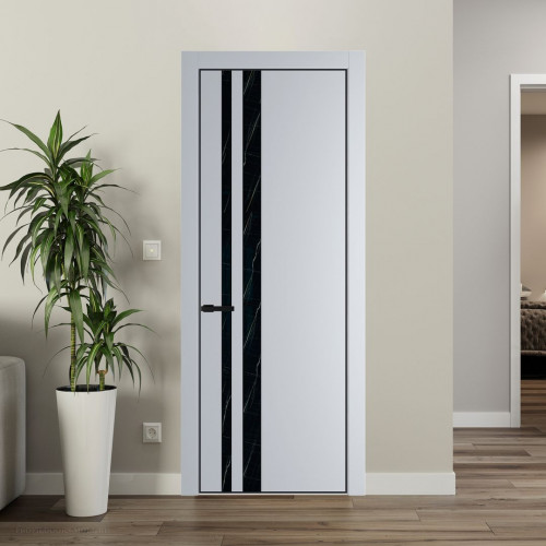 Межкомнатная дверь ProfilDoors 20 PE с вставкой из стекла неро мрамор Лайт Грей с алюминиевой кромкой Черный