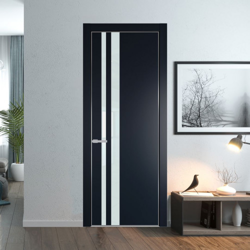 Межкомнатная дверь ProfilDoors 20 PE с вставкой из стекла белый лак Нэви Блу с алюминиевой кромкой Серебро