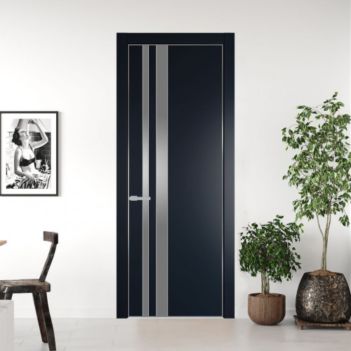 Межкомнатная дверь ProfilDoors 20 PE с вставкой из стекла серебро матлак Нэви Блу с алюминиевой кромкой Серебро