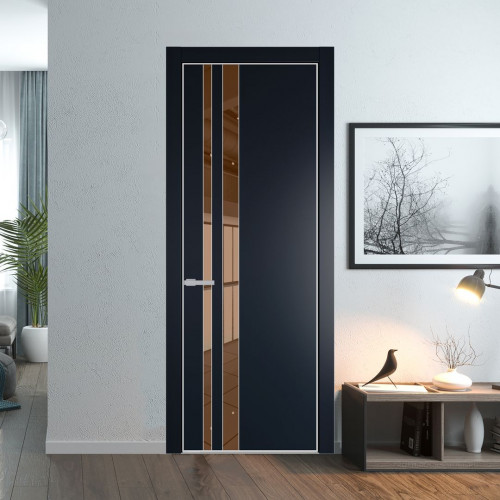 Межкомнатная дверь ProfilDoors 20 PE с вставкой из стекла зеркало bronze Нэви Блу с алюминиевой кромкой Матовая