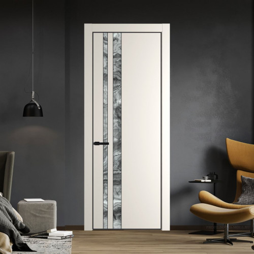 Межкомнатная дверь ProfilDoors 20 PE с вставкой из стекла атриум серебро Перламутр белый с алюминиевой кромкой Черный