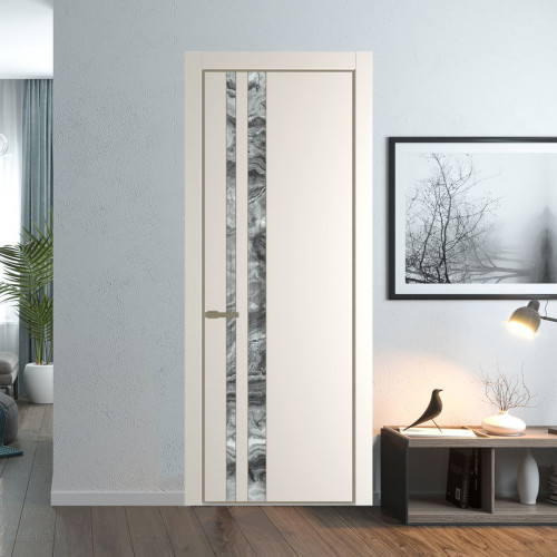 Межкомнатная дверь ProfilDoors 20 PE с вставкой из стекла атриум серебро Перламутр белый с алюминиевой кромкой Шампань