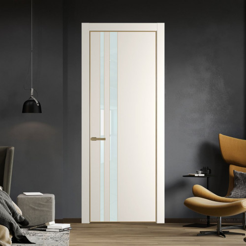 Межкомнатная дверь ProfilDoors 20 PE с вставкой из стекла белый лак Перламутр белый с алюминиевой кромкой Золото