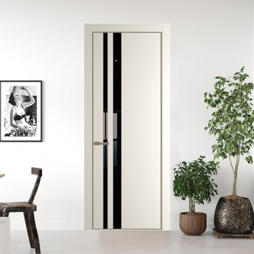 Межкомнатная дверь ProfilDoors 20 PE с вставкой из стекла черный лак Перламутр белый с алюминиевой кромкой Шампань
