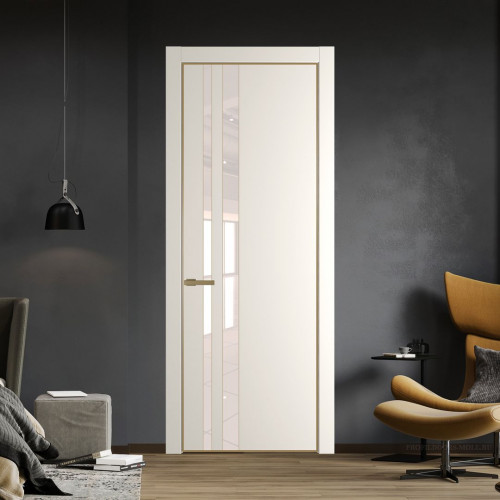 Межкомнатная дверь ProfilDoors 20 PE с вставкой из стекла перламутровый лак Перламутр белый с алюминиевой кромкой Золото