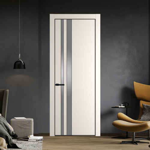 Межкомнатная дверь ProfilDoors 20 PE с вставкой из стекла серебро матлак Перламутр белый с алюминиевой кромкой Черный