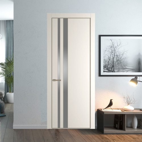 Межкомнатная дверь ProfilDoors 20 PE с вставкой из стекла серебро матлак Перламутр белый с алюминиевой кромкой Никель