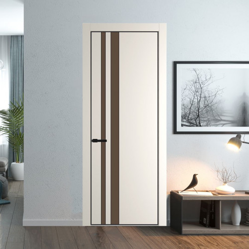 Межкомнатная дверь ProfilDoors 20 PE с вставкой из стекла монохром гляссе Перламутр белый с алюминиевой кромкой Черный