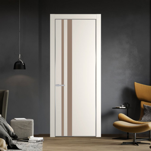 Межкомнатная дверь ProfilDoors 20 PE с вставкой из стекла монохром капучино Перламутр белый с алюминиевой кромкой Серебро