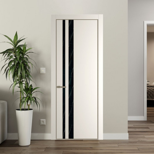 Межкомнатная дверь ProfilDoors 20 PE с вставкой из стекла неро мрамор Перламутр белый с алюминиевой кромкой Шампань