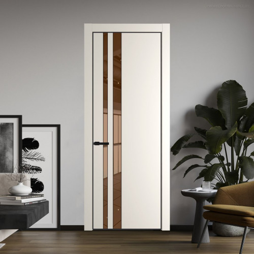 Межкомнатная дверь ProfilDoors 20 PE с вставкой из стекла зеркало bronze Перламутр белый с алюминиевой кромкой Черный