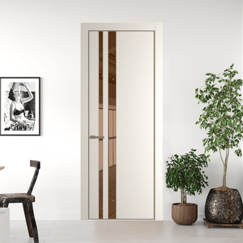Межкомнатная дверь ProfilDoors 20 PE с вставкой из стекла зеркало bronze Перламутр белый с алюминиевой кромкой Шампань