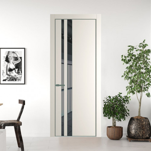 Межкомнатная дверь ProfilDoors 20 PE с вставкой из стекла зеркало grey Перламутр белый с алюминиевой кромкой Зеленый воск