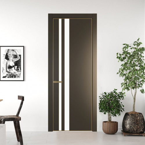 Межкомнатная дверь ProfilDoors 20 PE с вставкой из стекла монохром белый просветленный Перламутр бронза с алюминиевой кромкой Золото