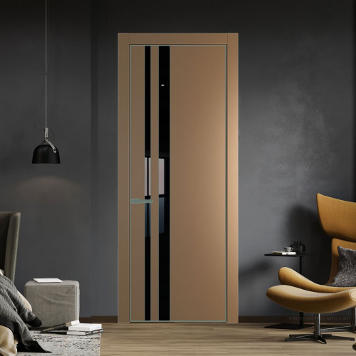 Межкомнатная дверь ProfilDoors 20 PE с вставкой из стекла черный лак Перламутр золото с алюминиевой кромкой Зеленый воск