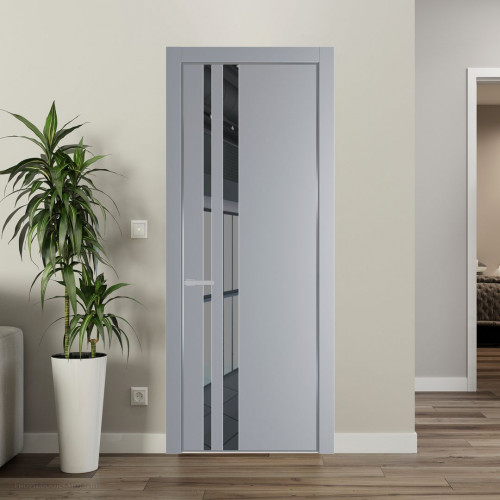 Межкомнатная дверь ProfilDoors 20 PE с вставкой из стекла зеркало grey Смоки с алюминиевой кромкой Серебро