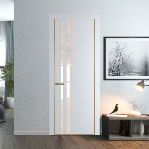 Межкомнатная дверь ProfilDoors 20 PE с вставкой из стекла перламутровый лак Вайт с алюминиевой кромкой Золото